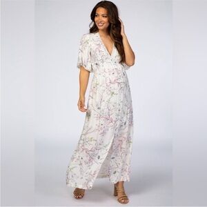 Lovestitch Pinkblush Ivory Floral Button Front Maternity Maxi Dress